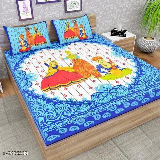 Blue Collective Cotton Printed Double Bedsheet & Pillow Covers, 144 thread count, India