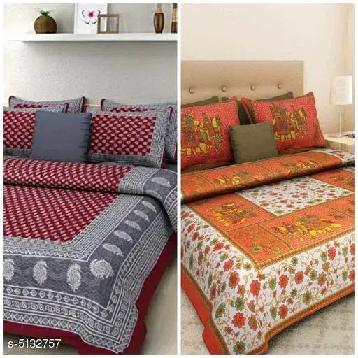 Stylish cotton double bedsheet, 100 x 90, 4 pillow covers, 110 thread count, Queen size, Indian-made multipack of 2