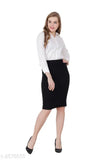 Black polyester pencil skirt, trendy women's size 32-40, India-made fashion skirt on hanger