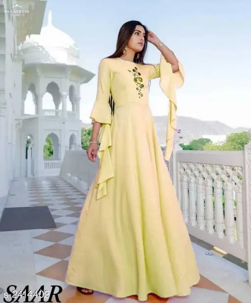 Yellow rayon embroidered kurti, Indian three-quarter sleeve women's gown