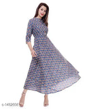 Women's printed rayon anarkali kurti in three-quarter sleeves, vibrant Indian print design, available in sizes M, L, XL, XXL