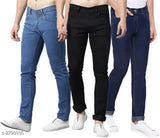 Multicolor men's cotton lycra jeans, stitched 28-36in waist, up to 40in length. Indian-made solid denim wear