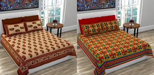 Designer cotton printed double bedsheets combo, 160 thread count, two bedsheet sets and four pillow covers, Indian origin