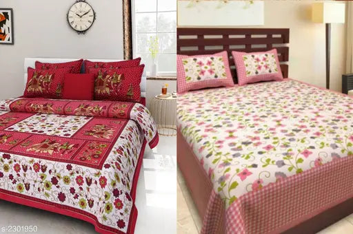 Heritage cotton printed double bedsheets combo, quality cotton bedsheet set with matching pillow covers, vibrant Indian print on display