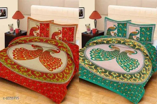 Stylish cotton printed double bedsheets set (2pcs), vibrant design, high thread count (144) Indian-made