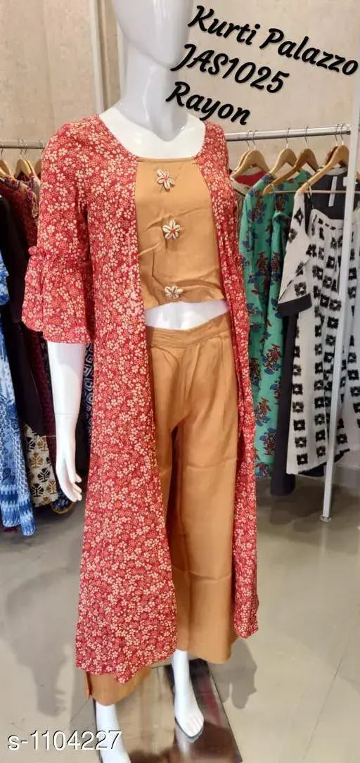 Rayon solid short kurta with palazzos, women's fashionable three-quarter sleeve set in India
