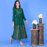 Women's printed cotton blend long Anarkali kurti, three-quarter sleeves, Indian traditional fashion