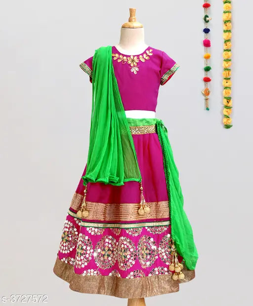 Acrylic embroidered short sleeve kids' lehenga choli sets, vibrant solid colors for various ages (0-12 years), Indian tradition
