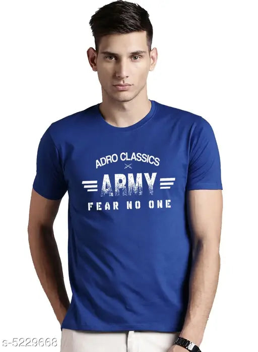 Mens cotton army printed T-shirt, short sleeves, cotton fabric, navy blue color for men's clothing