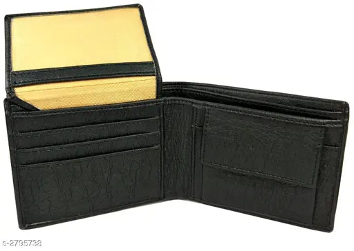 Black artificial leather men's wallet (3 card slots), textured body with 2 hidden pockets, compact size for casual, evening/party, formal, travel use. Durable and lightweight accessory for gifting. Made in India