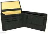 Black artificial leather men's wallet (3 card slots), textured body with 2 hidden pockets, compact size for casual, evening/party, formal, travel use. Durable and lightweight accessory for gifting. Made in India