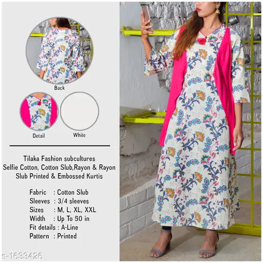 White cotton slub kurti, printed combo, three-quarter sleeves, women's fashion from India