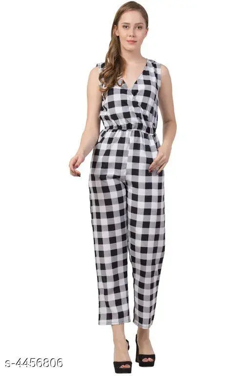Printed net poly crepe sleeveless women's jumpsuit, attractive design on model, various sizes available from S to XXL, made in India