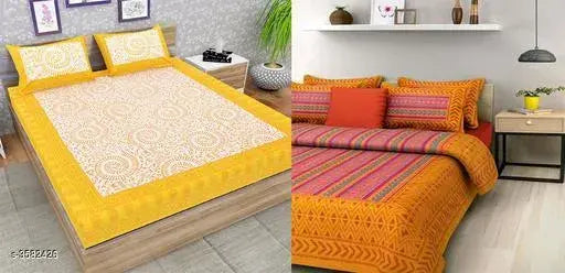 Designer cotton double bedsheets combo, high-quality cotton linens for bedroom on bed, 144 thread count printed sets with 2 double sheets & 4 pillow covers (92in x 85in / 27in x 17in), made in India