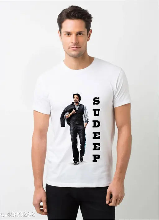 Elegant men's polyester t-shirts with short sleeves and printed design, size M (38in x 27in), Made in India