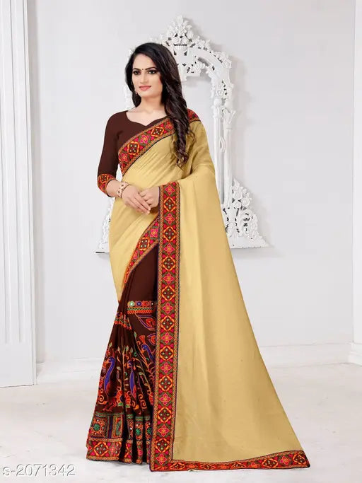 Elegant georgette women's saree, single free size India, embroidered duppion silk blouse