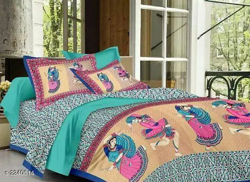 Attractive digital printed cotton double bedsheet (180 thread count, 100in x 100in), pillow covers (27in x 17in) - India made home decor