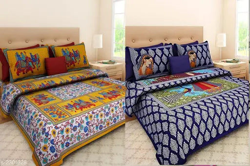 Heritage printed cotton double bedsheet combo, 144 thread count, India-made