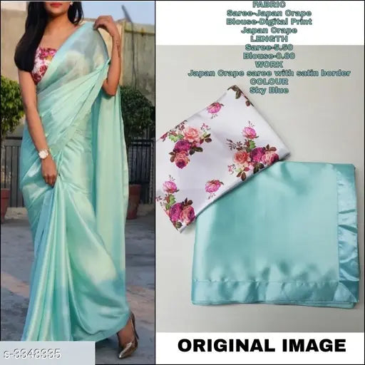 Special blue silk saree, solid pattern, free size, India-made