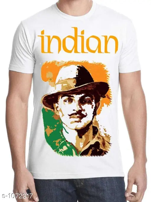 Cotton blend t-shirt for men, printed with Sahid Bhagat Singh design. Indian-made menswear, short sleeves in sizes M, L, XL, XXL