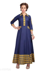Printed silk long Anarkali kurti, three-quarter sleeves, vibrant Indian fashion