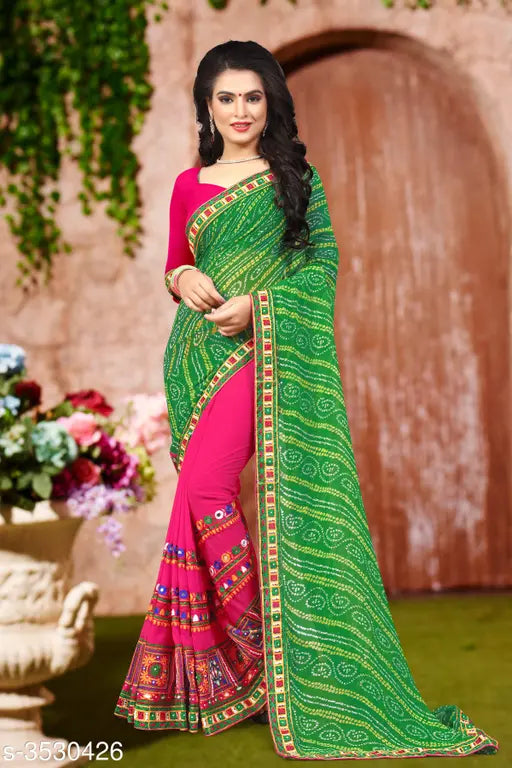 Trendy silk women's saree in Georgette, printed with matching dupion silk running blouse, free size originating from India