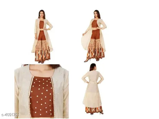 Brown polka dot Chanderi cotton kurta with sharara, women's traditional Indian wear