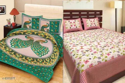 Stylish cotton printed double bedsheet combo, two pieces of 144 thread count sheets and four pillow covers, India origin