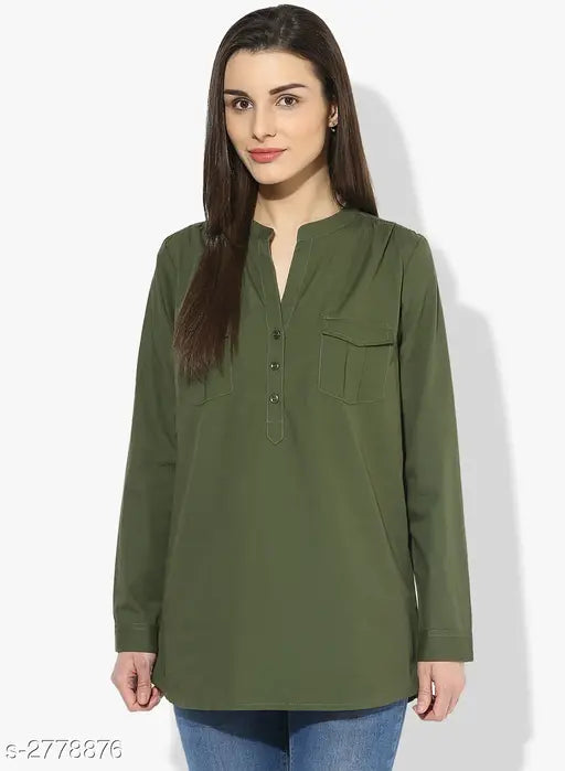 Solid green cotton top, long sleeves, women's wear from India