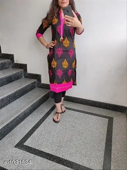 Black printed cotton kurti, three-quarter sleeves, Indian handloom fashion