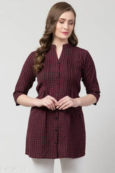 Maroon checked cotton kurti top, three-quarter sleeves, size S from India