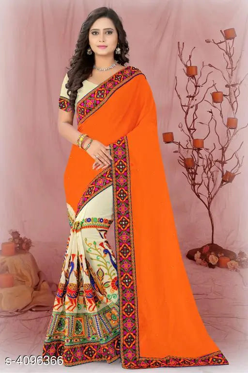 Kasavu Georgette saree and blouse, embroidered in traditional pattern, free size (length: 5.5m, blouse length: 0.8m)
