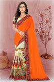Kasavu Georgette saree and blouse, embroidered in traditional pattern, free size (length: 5.5m, blouse length: 0.8m)