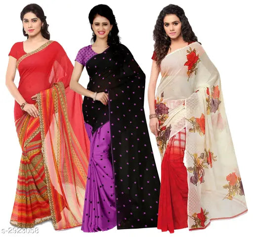 Elite trendy georgette women's sarees, pack of 3 - free size printed georgette sarees and separate blouses from India