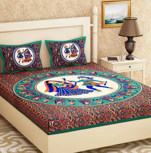 Colorful cotton printed double bedsheet with matching pillow covers, vibrant design for a modern bedroom setting