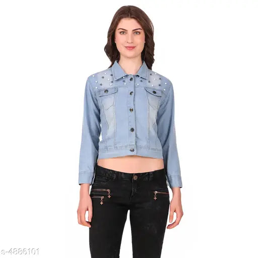 Denim dyed/washed women's jacket, long sleeves, Sana Gorgeous brand, India origin, size S (36in bust, 22in length)