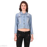 Denim dyed/washed women's jacket, long sleeves, Sana Gorgeous brand, India origin, size S (36in bust, 22in length)