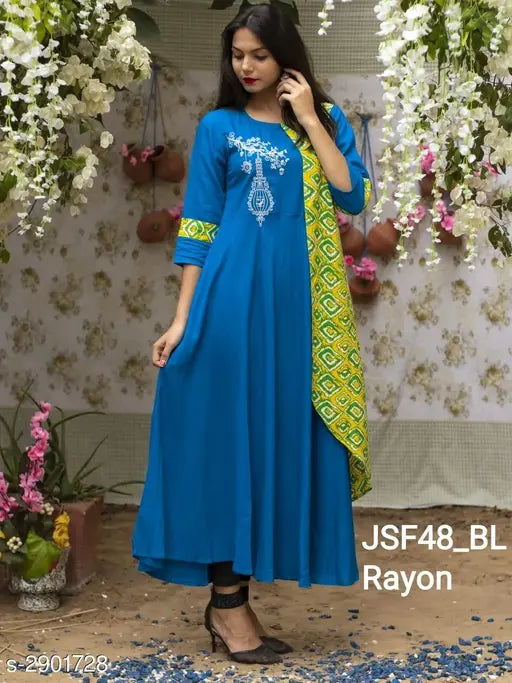 Embroidered cotton blend kurti, three-quarter sleeves, Indian embroidery pattern