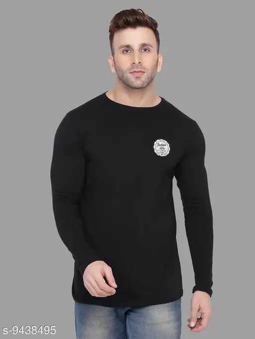 Black cotton blend round t-shirt with geum placement print, long sleeves for men, size L (Chest Size: 42 in, Length Size: 28 in) - High-quality, comfortable fit, trusted Indian brand