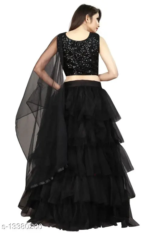 Black net A-line ceremonial wear lehenga with sequined blouse, embellished top and ruffled solid dupatta, Indian semi-stitched set (38in waist, 70in length)