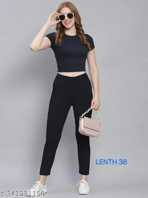 Black stretchable Lycra formal trousers for women, solid pattern, elastic pocket