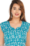 Aqua blue Jaipuri printed midi dress, free size, cotton, sleeveless, traditional Indian ethic wear for every occasion