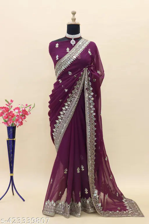 Indian Georgette Saree with Satin Silk Blouse, Embroidered Shibori design in Bollywood style