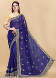 Georgette saree with running blouse in solid satin silk, embroidered pattern, free size, Indian origin