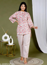 Stylish printed cotton nightgown set, short-sleeved pyjamas for women, Indian origin