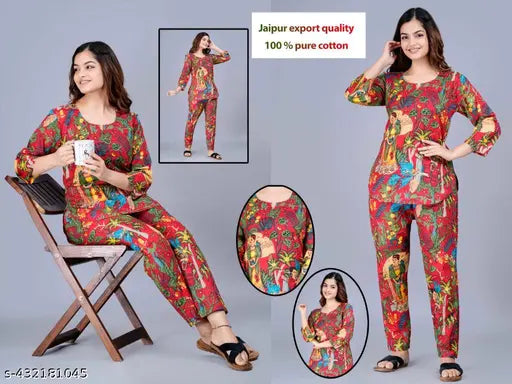 Vibrant Starry Nights Coord Set: 100% pure cotton premium nightdress & nightsuit set with tropical print, perfect for lounging or sleepwear
