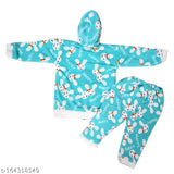 Blue wool casual dress pyjama for baby boys and girls with printed net pattern, suitable for lounging or sleepwear
