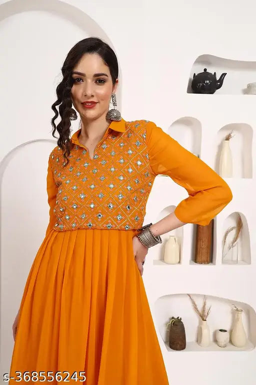 Mustard Georgette embroidered Anarkali kurta, three-quarter sleeves, traditional design with modern style, India