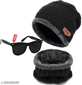 Black wool beanie cap for kids with polarized sunglasses, embellished style for outdoor fun