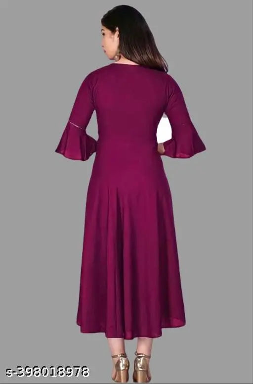 Wine Rayon Anarkali Kurta: Fit and flared, solid round neck design for women's casual wear